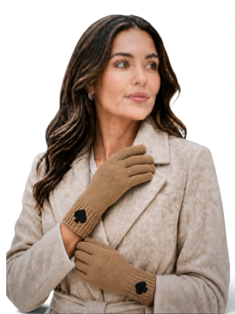 Kate Spade Flocked Spade Knit Gloves Light Tobacco Tan/Camel One Size NWT